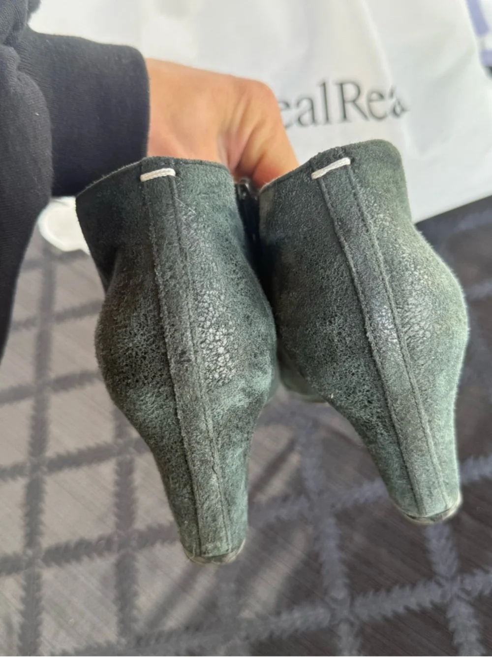 Maison Margiela cracked suede forest green open toe heel ankle boot shoes
